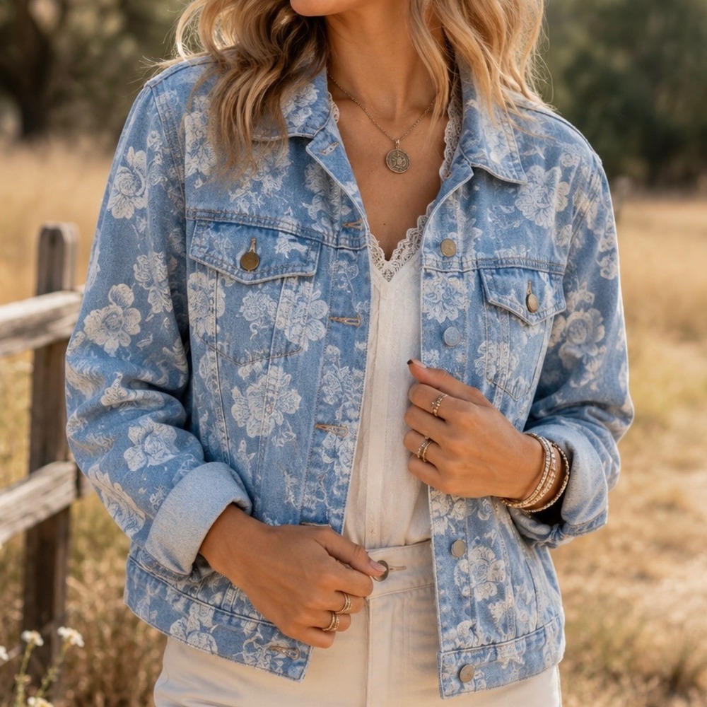 Taxi Womens Floral Denim Jacket Light Wash Blue White Rose Trucker Coat Medium